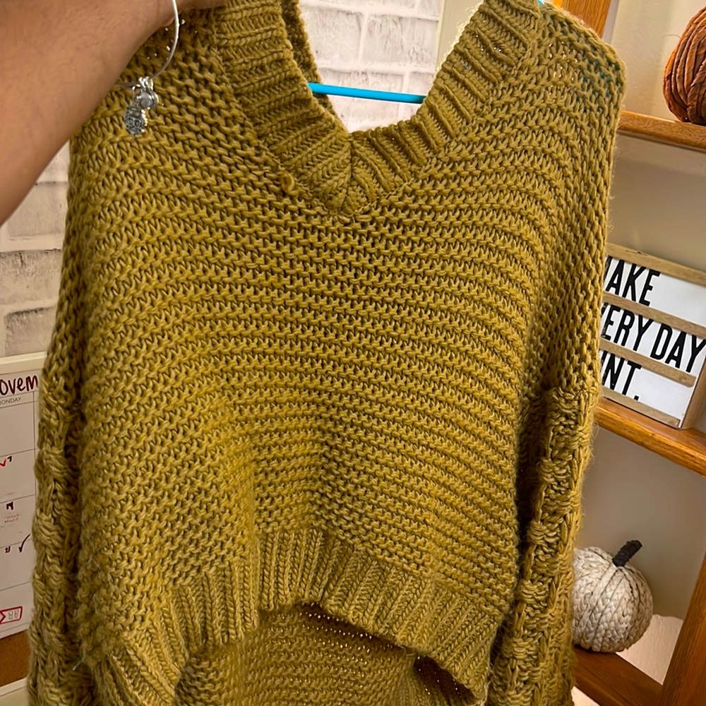 Tan Knit Sweater with Puff Sleeves